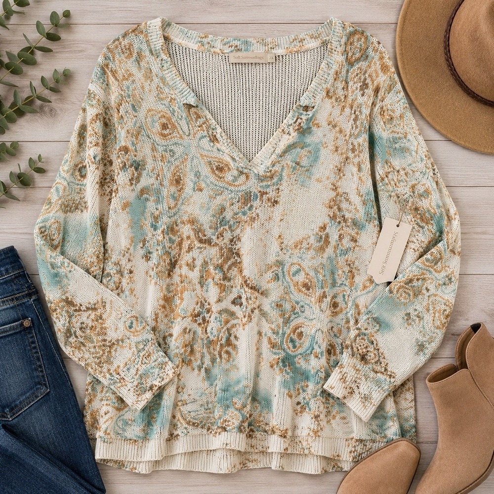 Soft Surroundings 2X Paisley Knit Sweater Ivory Blue Brown V Neck Lightweight